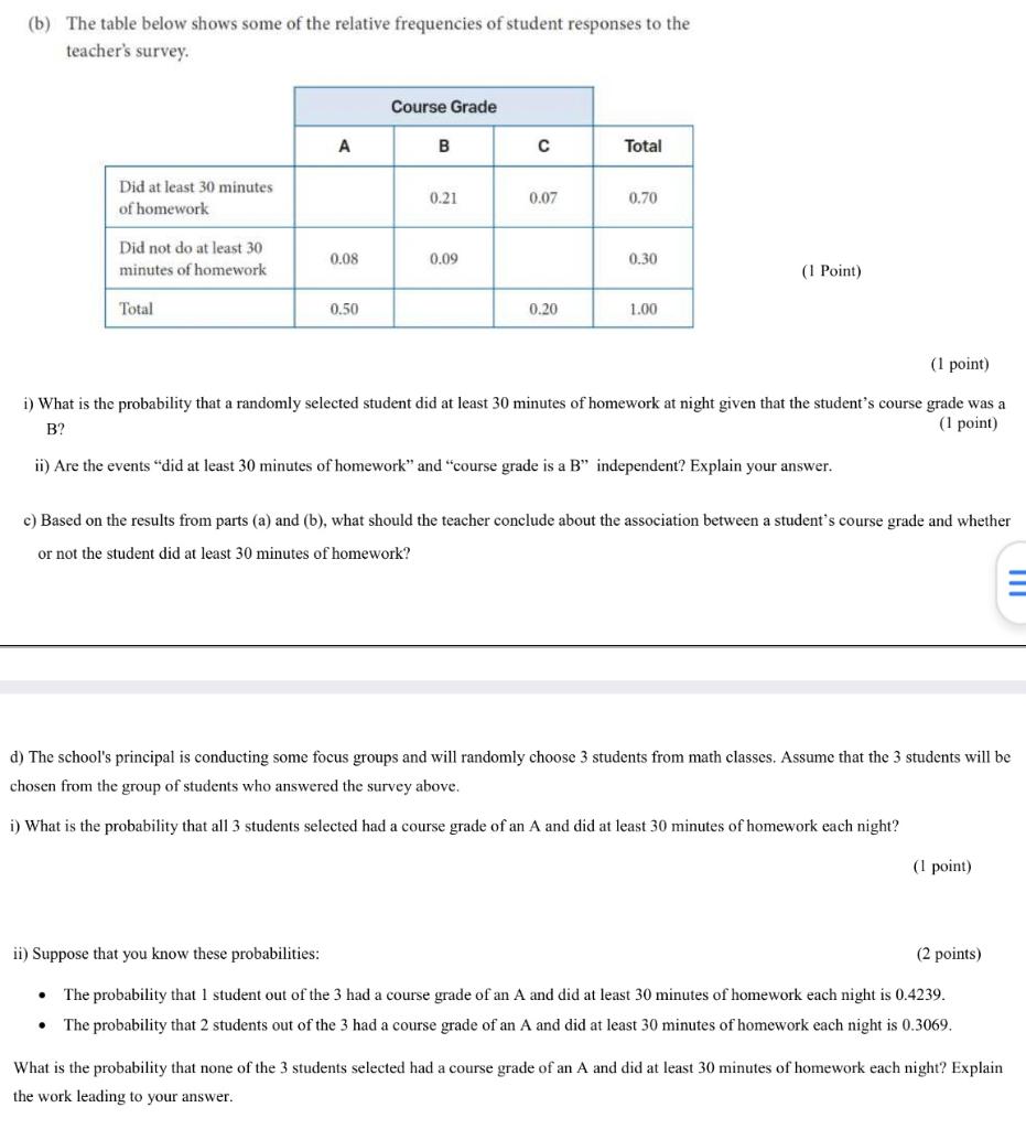 (b) The table below shows some of the relative frequencies of student responses to the teachers survey.
(1 Point)
i) What is
