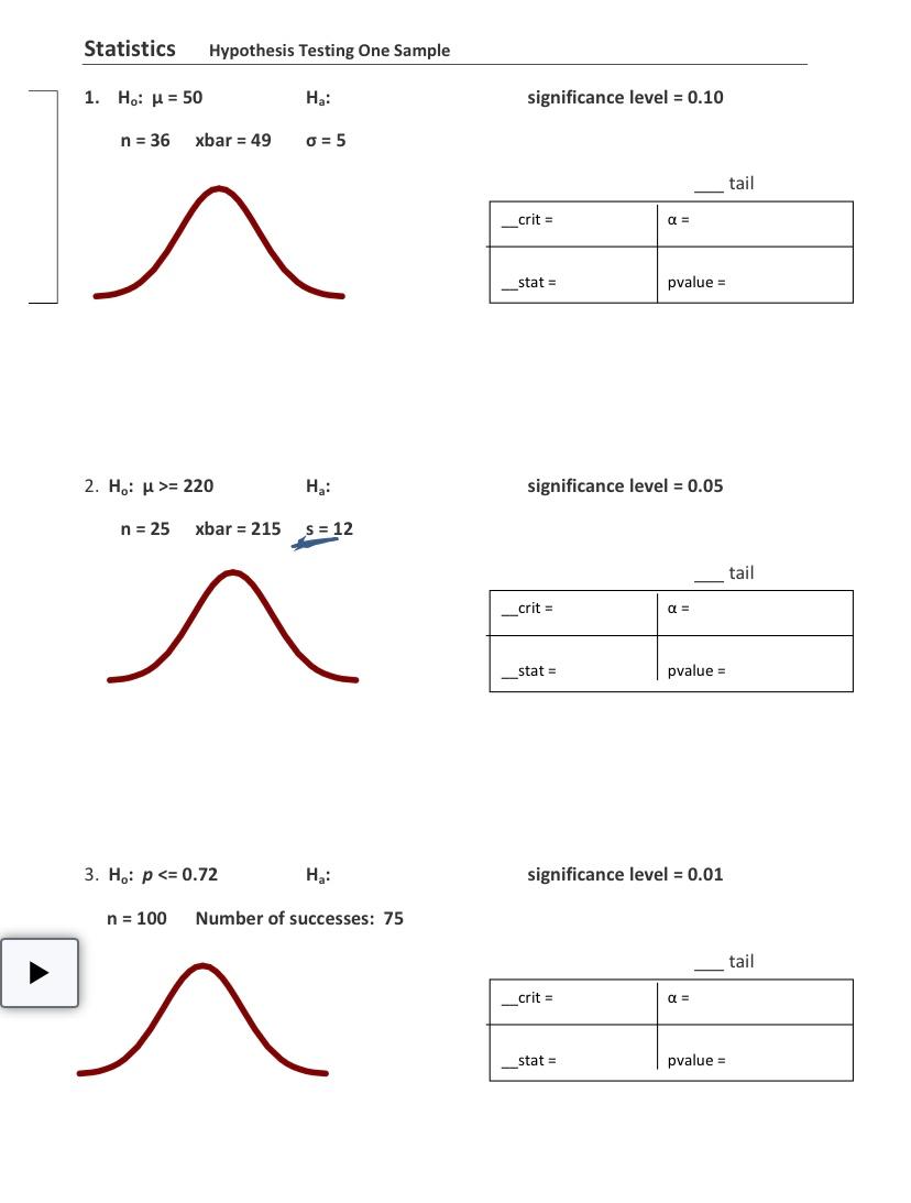 Solved Statistics Hypothesis Testing One Sample 1. Ho: p = | Chegg.com