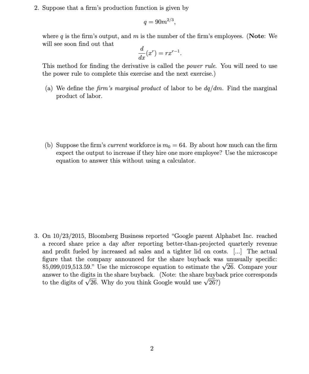 Solved 2. Suppose that a firm's production function is given | Chegg.com