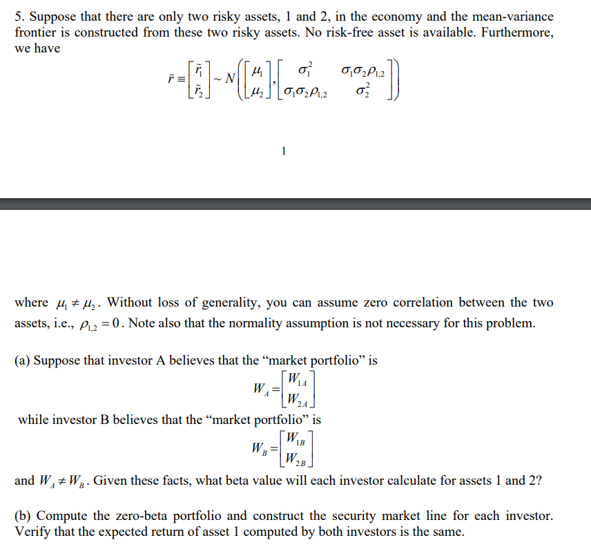 Solved 5. Suppose that there are only two risky assets, 1 | Chegg.com