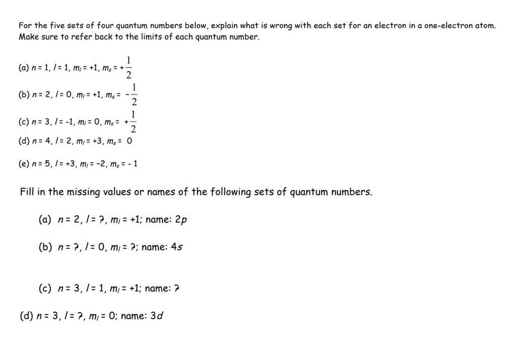Solved For the five sets of four quantum numbers below, | Chegg.com