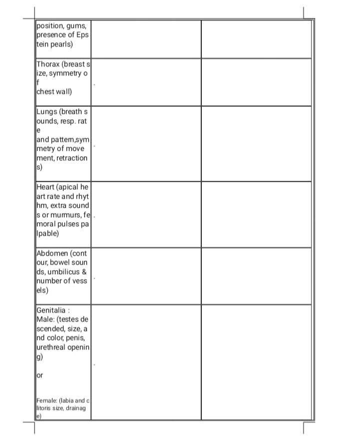 position, gums, presence of Eps tein pearls) Thorax (breasts ize, symmetry o If chest wall) Lungs (breath s ounds, resp. rat