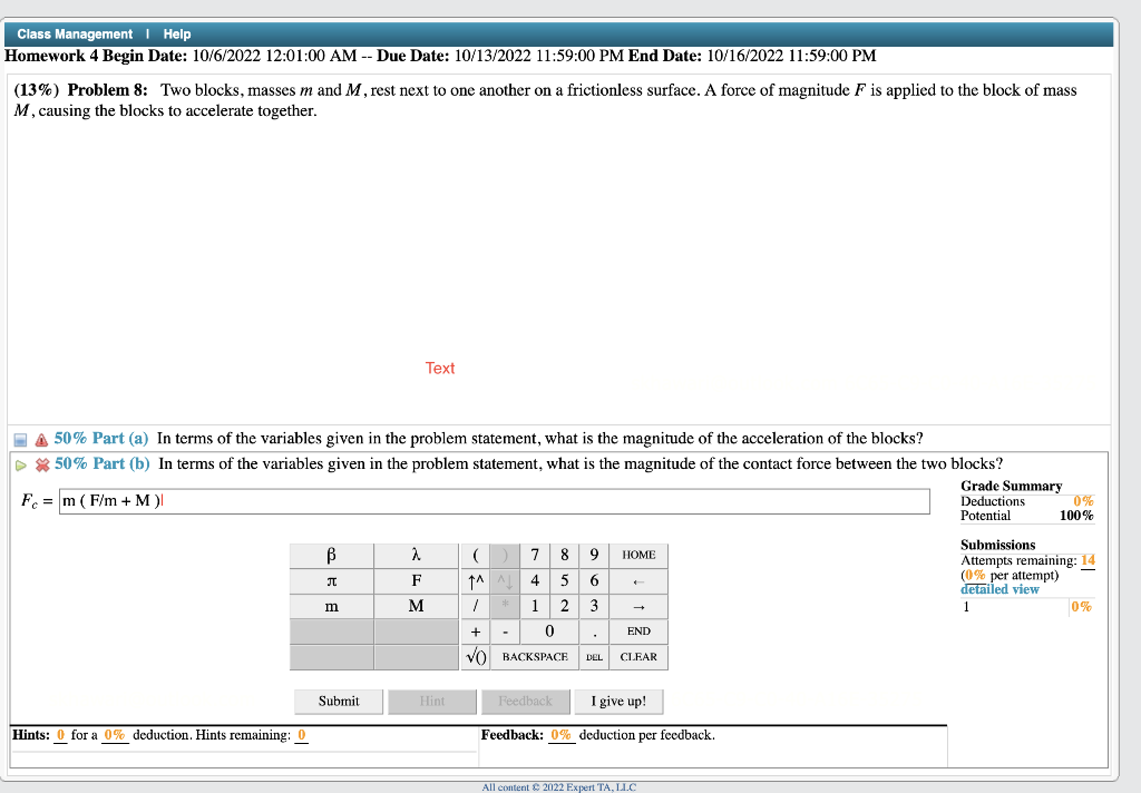 Solved (13\%) Problem 8: Two Blocks, Masses M And M, Rest | Chegg.com