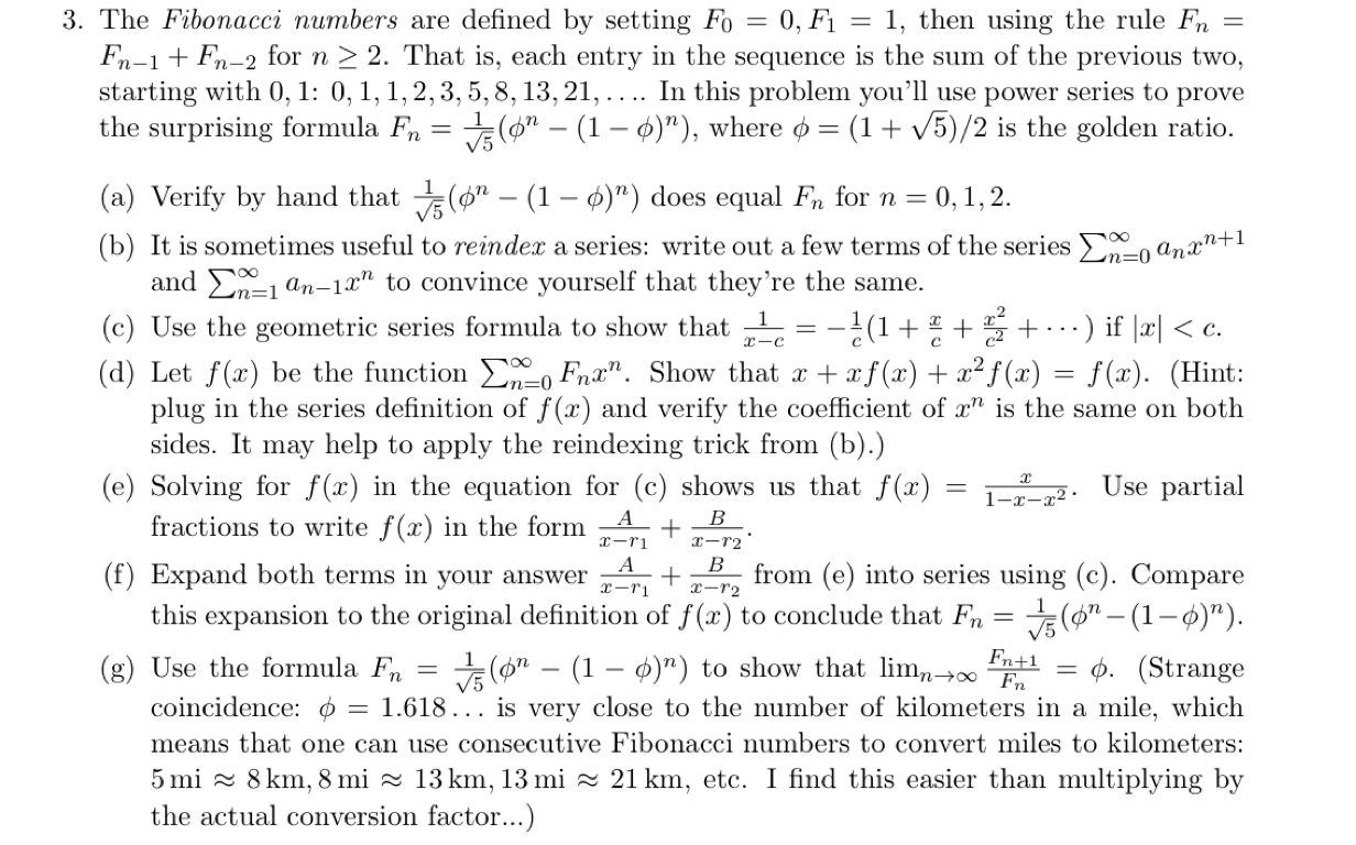 Solved 3. The Fibonacci numbers are defined by setting Fo = | Chegg.com