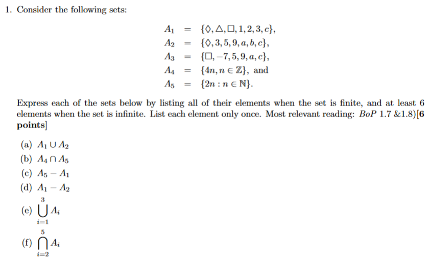 Solved 1. Consider the following sets: | Chegg.com