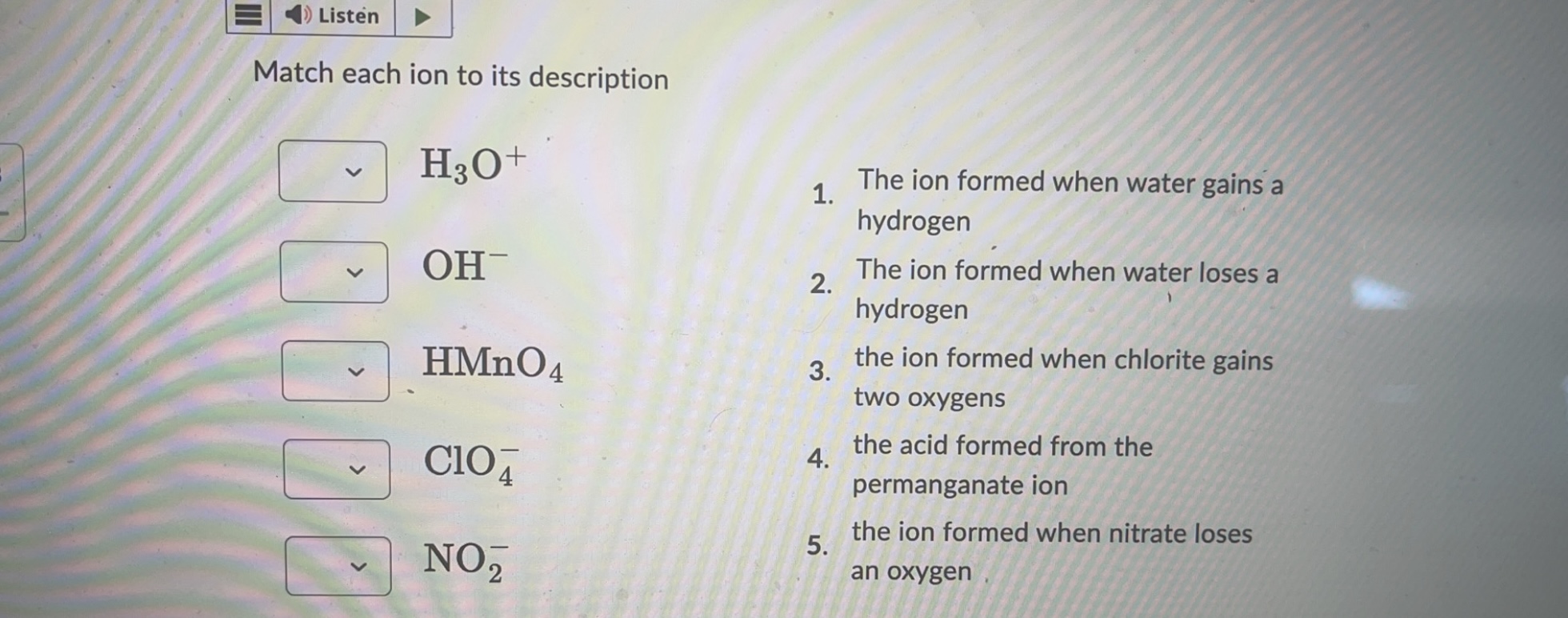 Solved Match each ion to its description H3O+ 1. The ion | Chegg.com