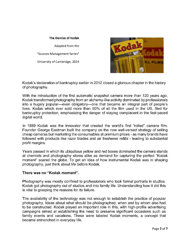 Solved The Demise of Kodak Adapted from the Kodak "Sources | Chegg.com