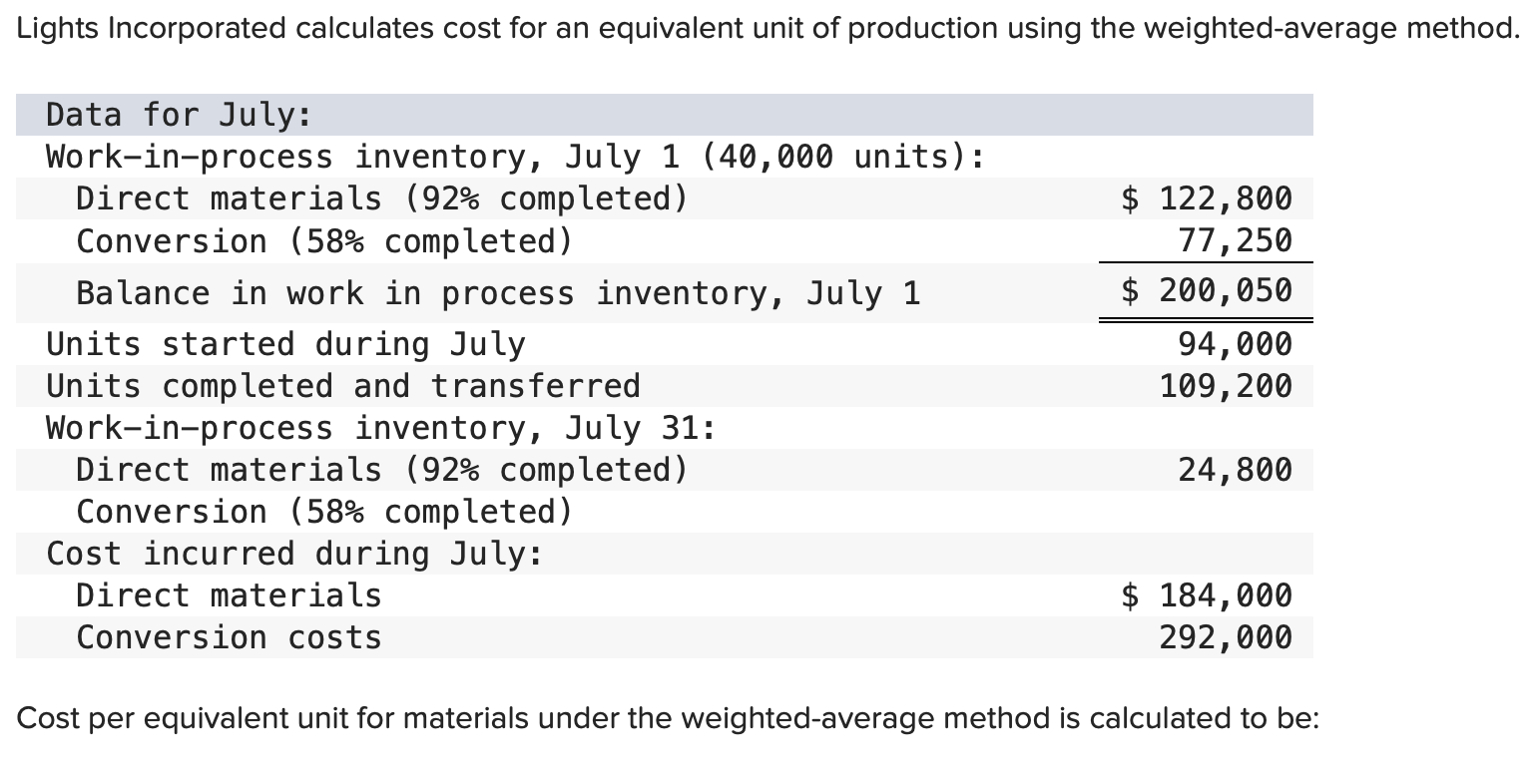 Lights Incorporated calculates cost for an equivalent unit of production using the weighted-average method.
Cost per equivale