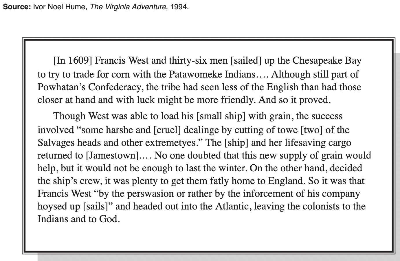 Source Ivor Noel Hume, The Virginia Adventure, 1994.