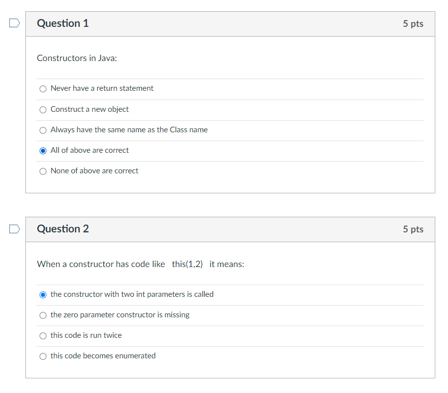 Solved Question 1 5 pts Constructors in Java: Never have a | Chegg.com