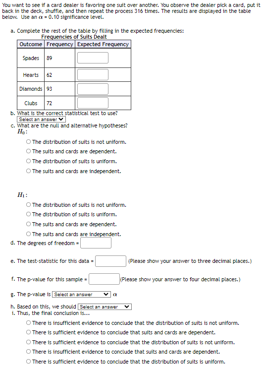 Solved You want to see if a card dealer is favoring one suit | Chegg.com