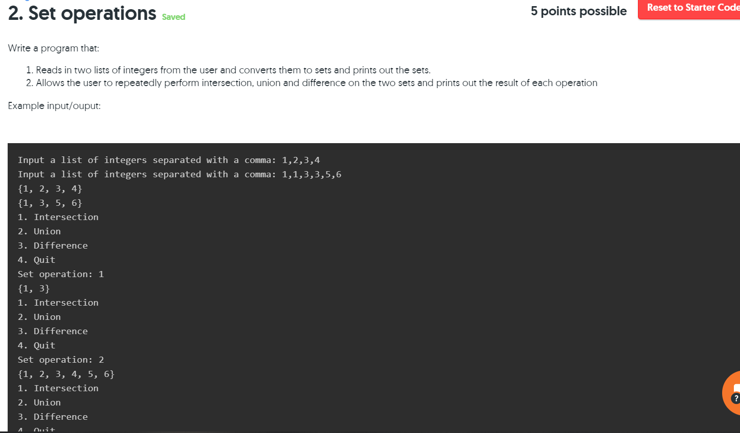 Solved Reset to Starter Code 2. Set operations Saved 5 | Chegg.com
