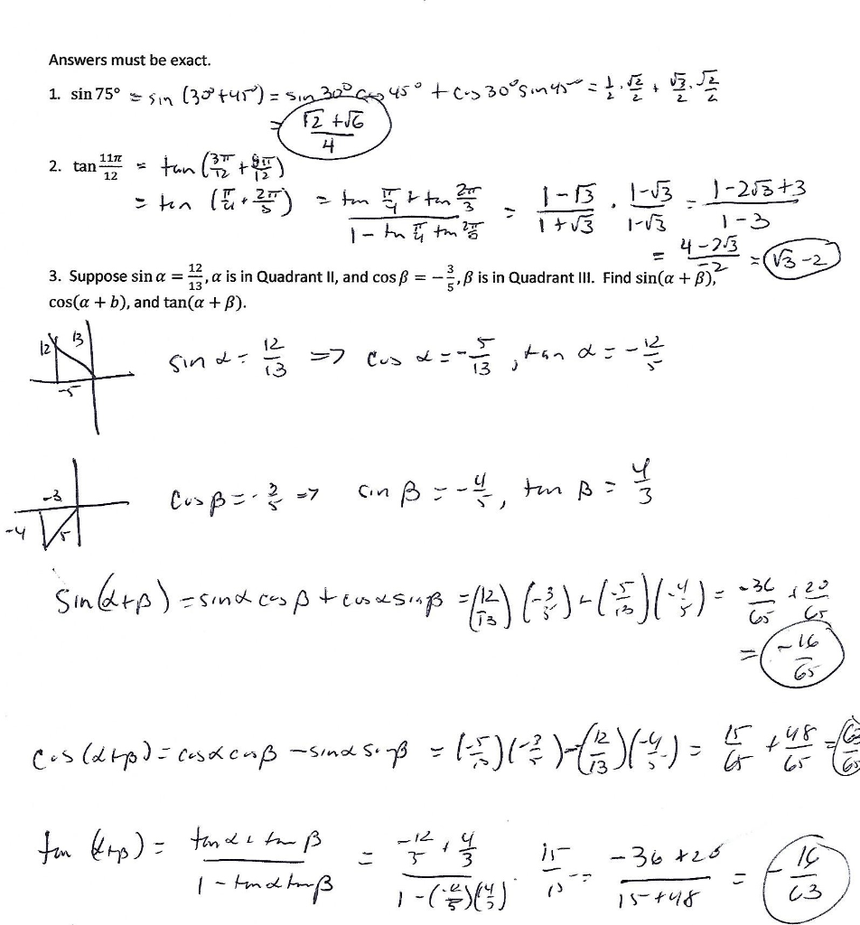 Solved Answers Must Be Exact 1 Tan 105 2 Cos 5p 12 3 Chegg Com