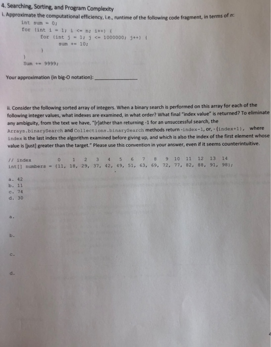 Solved 4. Searching, Sorting, and Program Complexity 1. | Chegg.com