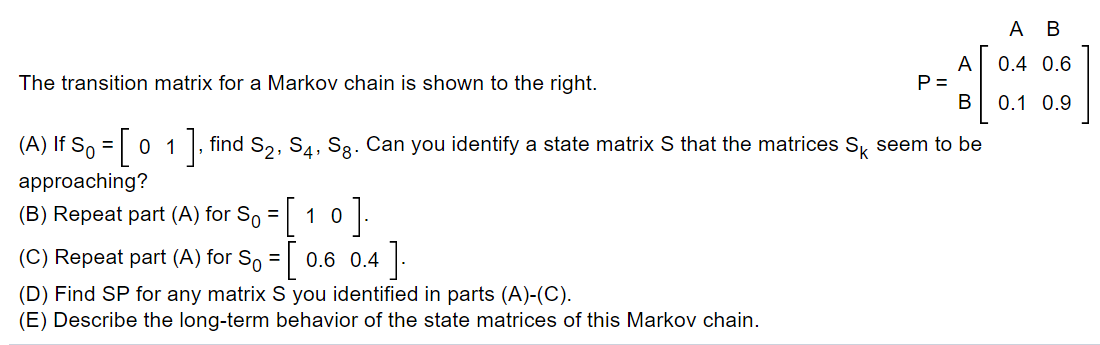 Solved A B 0.4 0.6 The transition matrix for a Markov chain | Chegg.com