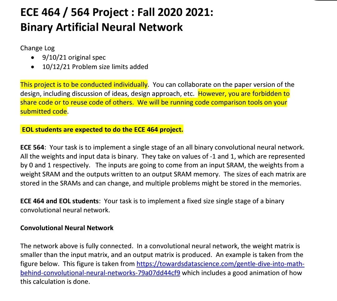 ECE 464 / 564 Project : Fall 2020 2021: Binary | Chegg.com