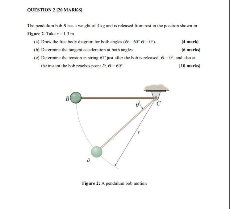 Solved QUESTION 2 [20 MARKSI The Pendulum Bob B Has A Weight | Chegg.com