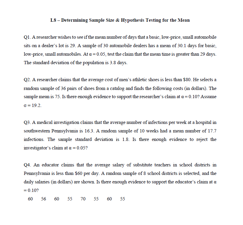 Solved L8 Determining Sample Size \& Hypothesis Testing