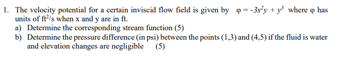 Solved 1. The velocity potential for a certain inviscid flow | Chegg.com