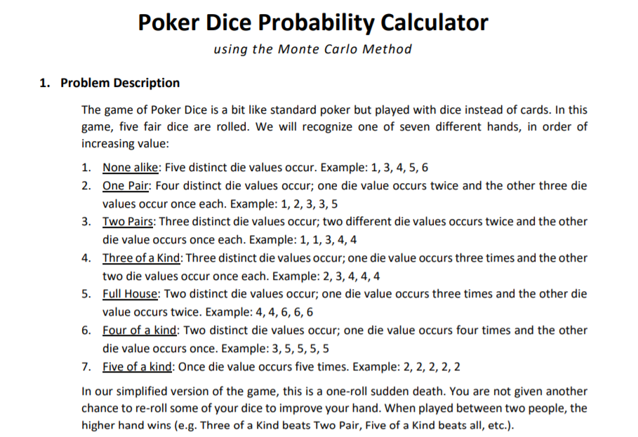 Poker Dice Probability Calculator using the Monte