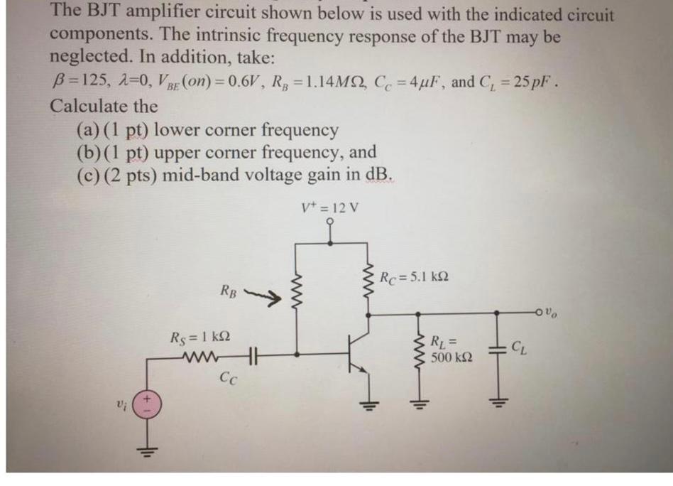 Solved The BJT Amplifier Circuit Shown Below Is Used With | Chegg.com