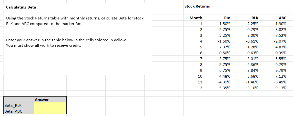 Solved Calculating Beta Stock Returns Using the Stock | Chegg.com