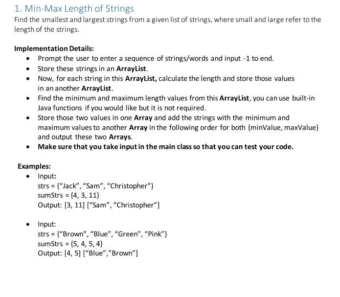 Solved 1. Min-Max Length of Strings Find the smallest and | Chegg.com