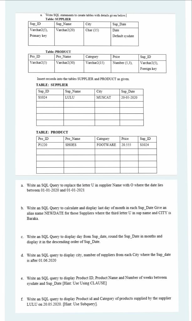 Solved a. Write SQL statements to create tables with details | Chegg.com