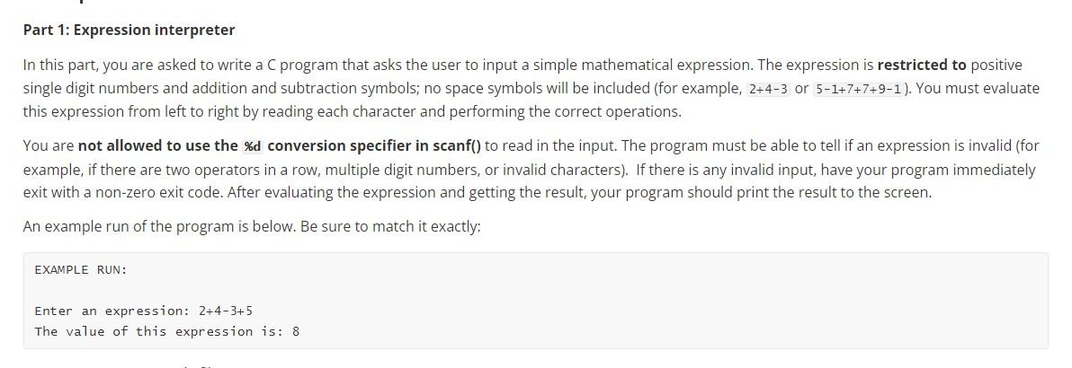 Solved Part 1: Expression interpreter single digit numbers | Chegg.com