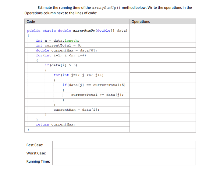 Solved Estimate the running time of the arraySumUp() method | Chegg.com