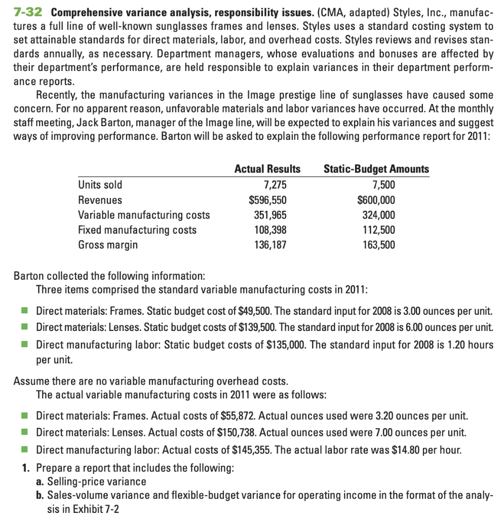 Solved 7-32 Comprehensive variance analysis, responsibility | Chegg.com
