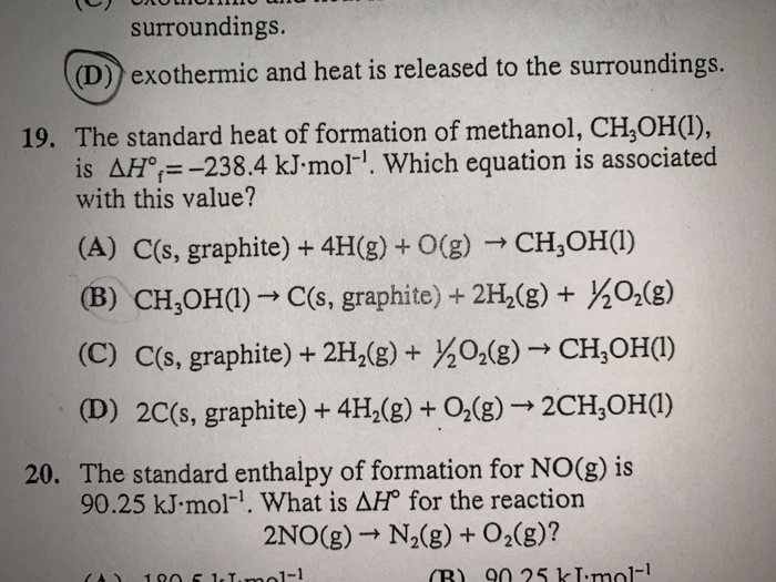 The standard heat of formation of methanol, CH3OH(l),