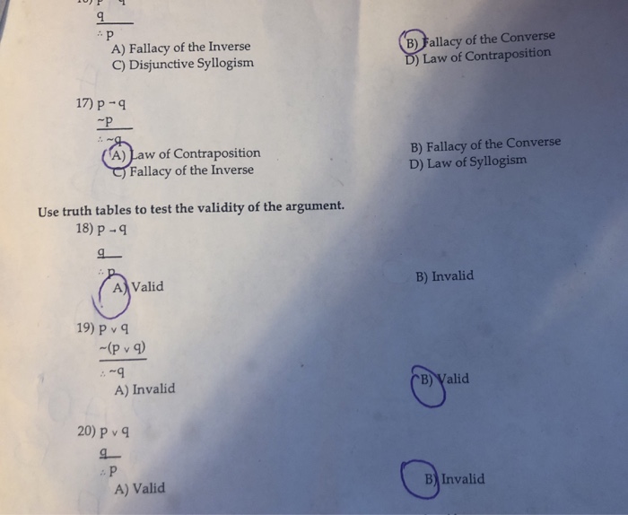 Solved A) Fallacy of the Inverse C) Disjunctive Syllogism B | Chegg.com