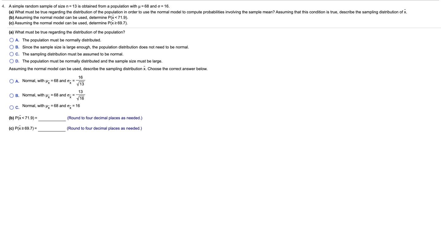 Solved 4. A simple random sample of size n= 13 is obtained | Chegg.com