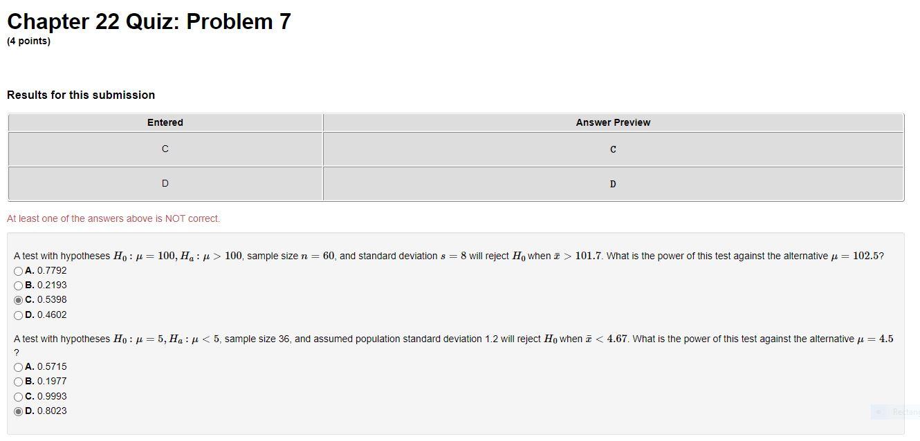 Solved Chapter 22 Quiz: Problem 7 (4 points) Results for | Chegg.com
