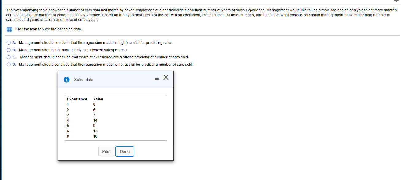 Solved The Accompanying Table Shows The Number Of Cars Sold | Chegg.com