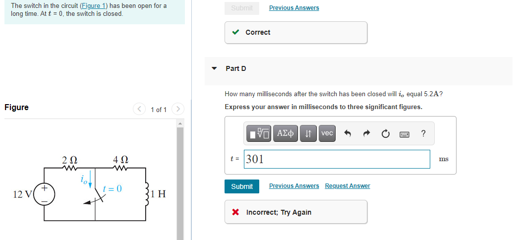 Solved The switch in the circuit (Figure 1) has been open | Chegg.com