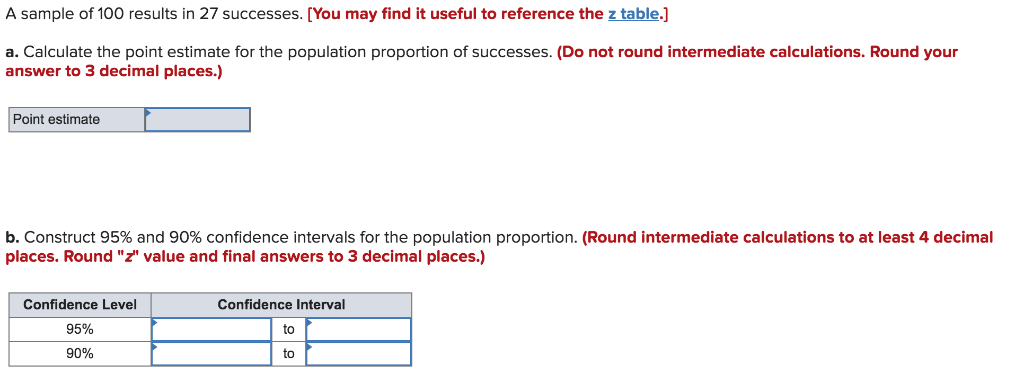 Solved A sample of 100 results in 27 successes. [You may | Chegg.com