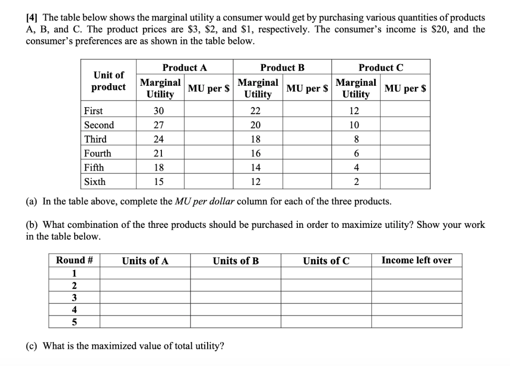Solved [4] The table below shows the marginal utility a | Chegg.com