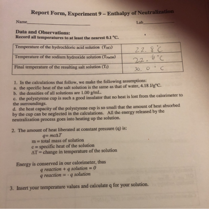 Report Form, Experiment 9 Enthalpy of