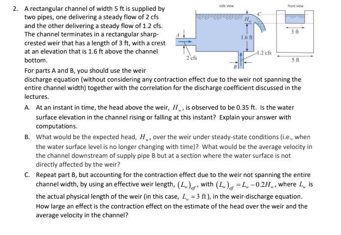 Solved 2. A rectangular channel of width 5ft is supplied by | Chegg.com