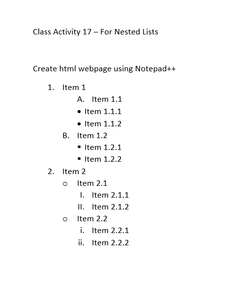 Solved Class Activity 17 - For Nested Lists Create Html | Chegg.com