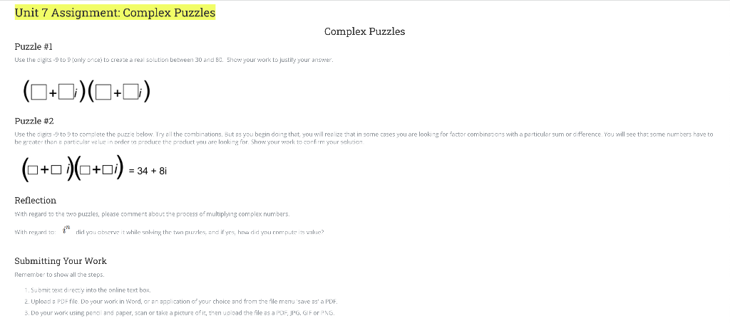 unit 7 assignment complex puzzles