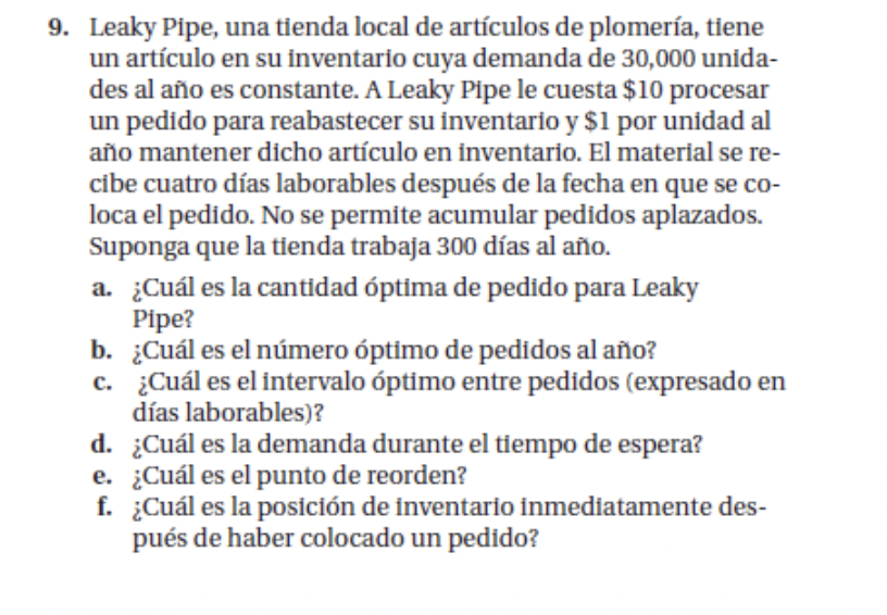 9. Leaky Pipe, una tienda local de artículos de plomería, tiene un artículo en su inventario cuya demanda de 30,000 unidades