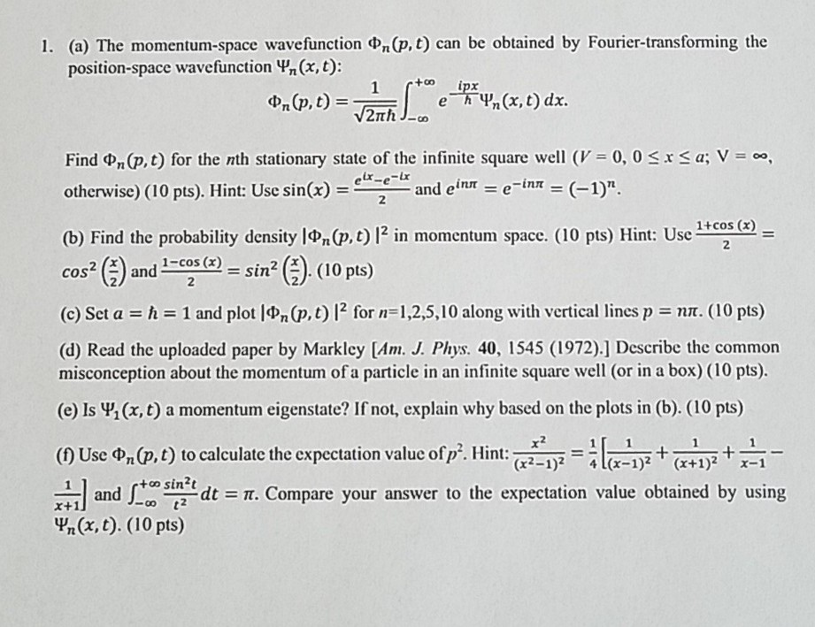 Solved 1 A The Momentum Space Wavefunction On P T C Chegg Com