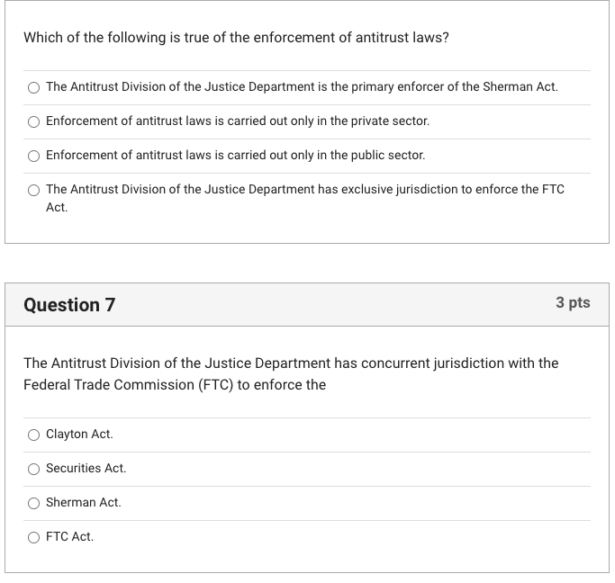 generally antitrust laws are enforced through the antitrust division of the