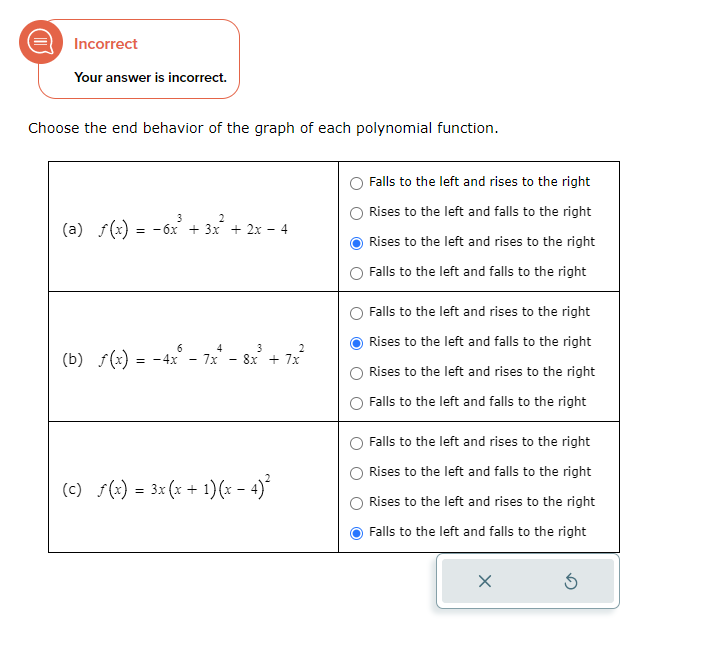 Choose the end behavior of the graph of each polynomial function.