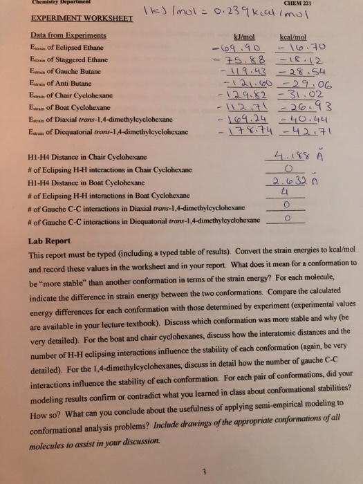 CHEM 221 EXPERIMENT WORKSHEET Data From Experiment | Chegg.com