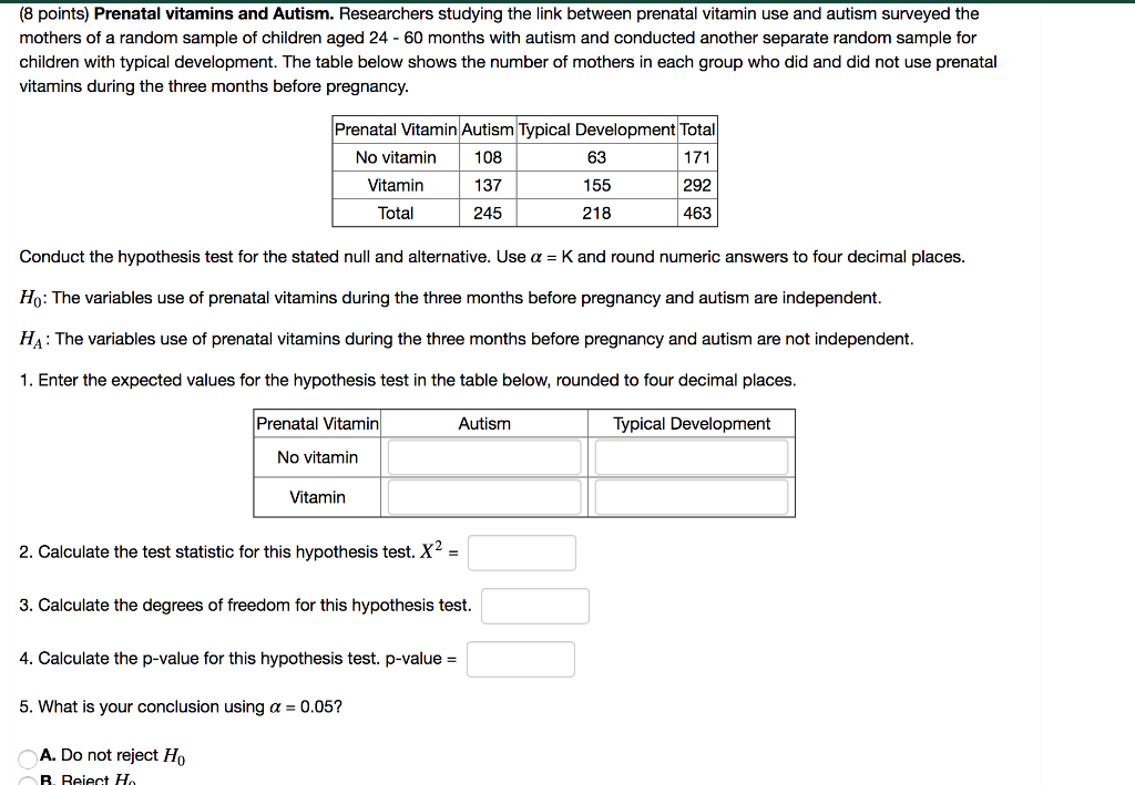 Solved (8 points) Prenatal vitamins and Autism. Researchers