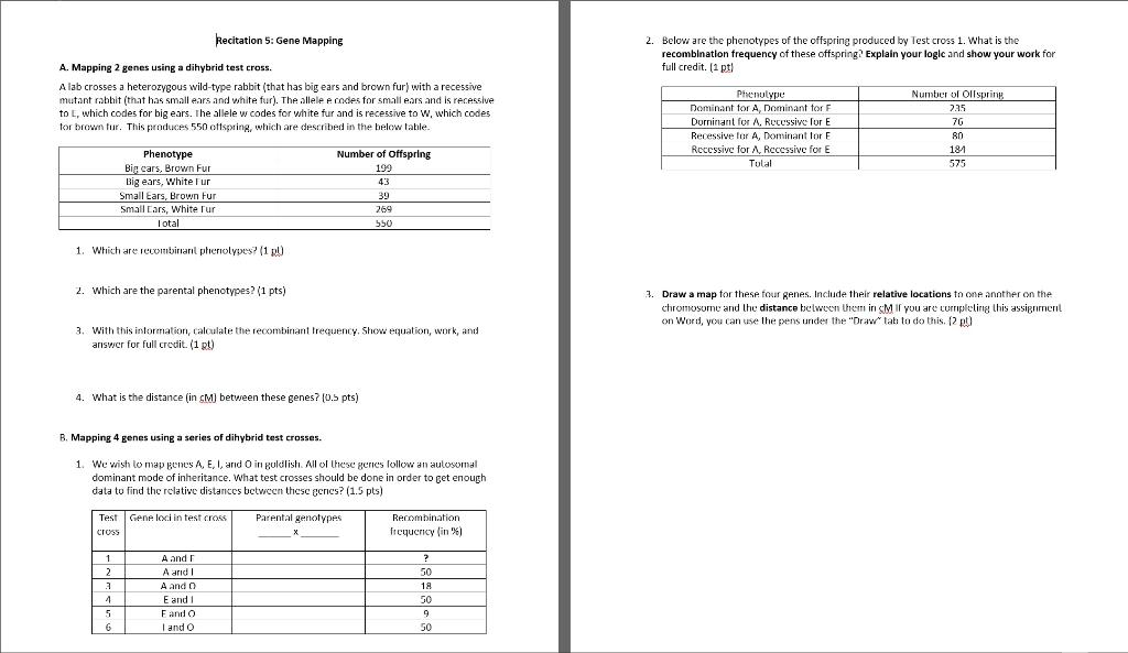 Solved Recitation 5: Gene Mapping A. Mapping 2 Genes Using A | Chegg.com